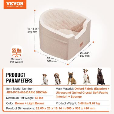 Автокрісло для собак VEVOR, 560x508x410 мм, з кишенею, страхувальним ременем та м'якою підкладкою, для собак малого та середнього розміру до 25 кг, світло-коричневе