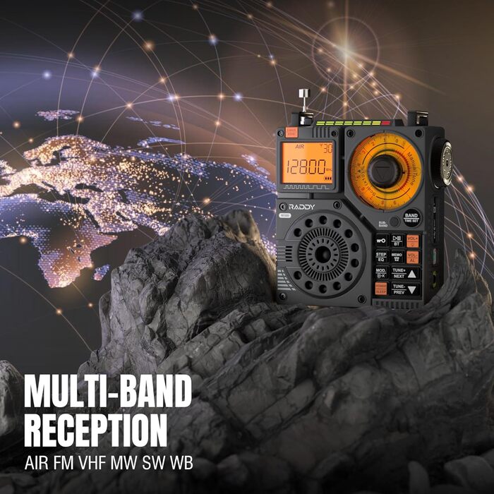 Raddy RF320: Портативне радіо Kurzwellenradio з керуванням через додаток, FM/AM/VHF/SW/AIR, підтримка BT/TF-картки, перезаряджуване, з антеною 3м, навушниками, ліхтариком, SOS, сірий