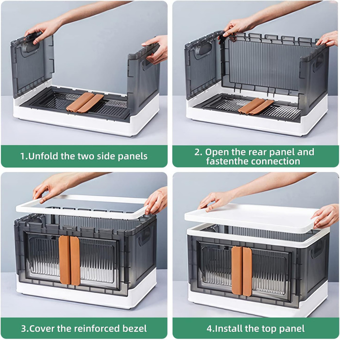 NETEL Storage Box with Lid Large, Stackable Storage Boxes 72L 4 Pack, Plastic Storage Boxes, Transparent Stackable Boxes with Lid, Foldable Storage Box with Door and Wheels