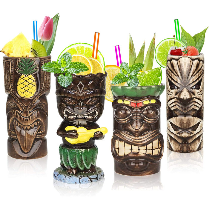 Tiki Toss Set, Hawaiian Party Ceramic Cups, for Cocktails, High-Quality Cup Set with 4 Cups for Exotic Parties - TJB02