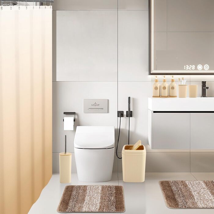 Набір аксесуарів для ванної кімнати 17 предметів: сміттєвий бак, дозатори мила, тримач для зубних щіток, мильниця, попільничка, 6 дерев'яних гачків, аксесуари для ванної кімнати з підносом (Бежевий)