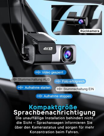 Автомобільний відеореєстратор Navycrest 4K + 1080P (передній та задній), 5GHz WiFi, 64GB SD карта, нічна зйомка, WDR, G-сенсор, паркування 24/7, циклічний запис, керування через додаток