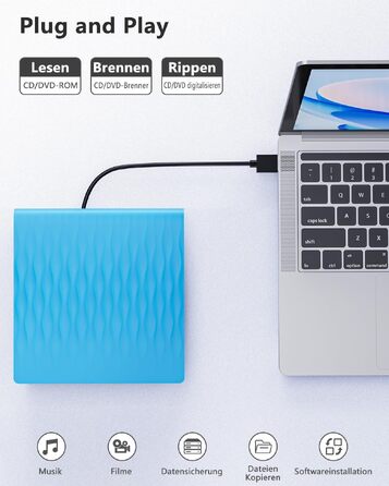 Зовнішній DVD CD привід DANGZW USB 3.0 Type-C, портативний DVD-брунер та плеєр для ноутбука та ПК (Windows, MacOS, Linux), синій