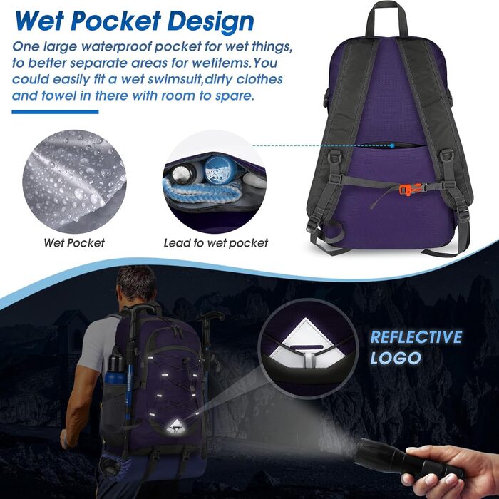 IGOLUMON Hiking Backpack for Men and Women, 40L Waterproof Backpack, Lightweight Foldable Travel Backpack, Trekking Backpack with Reflective Stripes, for Cycling, Climbing, Mountaineering and Travel Sports (Purple)