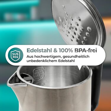 Електричний чайник Aeco AQA NEO з нержавіючої сталі, 1.7 л, 2150 Вт, без BPA, фільтр від накипу, бездротовий, CoolTouch, шампань сріблястий