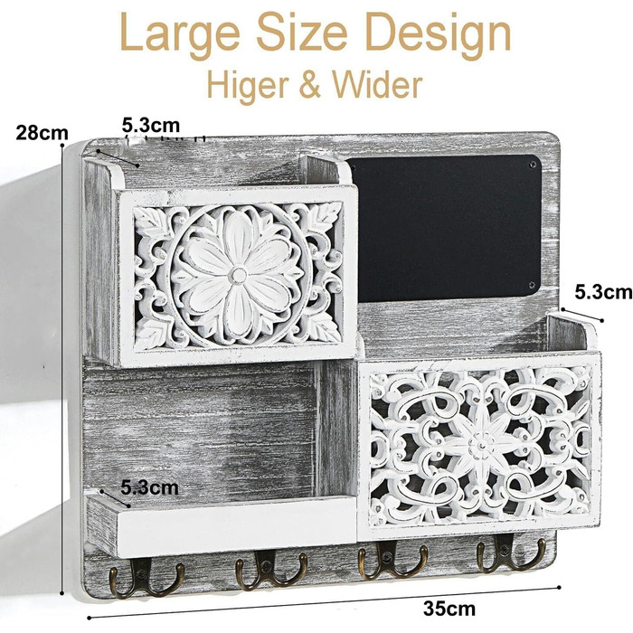 Дерев'яний ключниця з полицею на стіну, органайзер для ключів з 2 відсіками для листів, крейдяною дошкою та 8 гачками, вінтажний білий