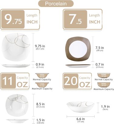 VEWEET Сервіз столовий 'Нікіта' з порцеляни, 24 елементи | Комплект посуду включає миски, десертні тарілки, тарілки для їжі та супові тарілки | Сервіз для 4-12 осіб, 24 елементи