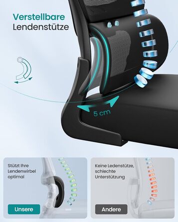 Офісне крісло SONGMICS з адаптивною поперековою підтримкою та регульованою підголівником, сітчасте, чорне (OBN041B01)