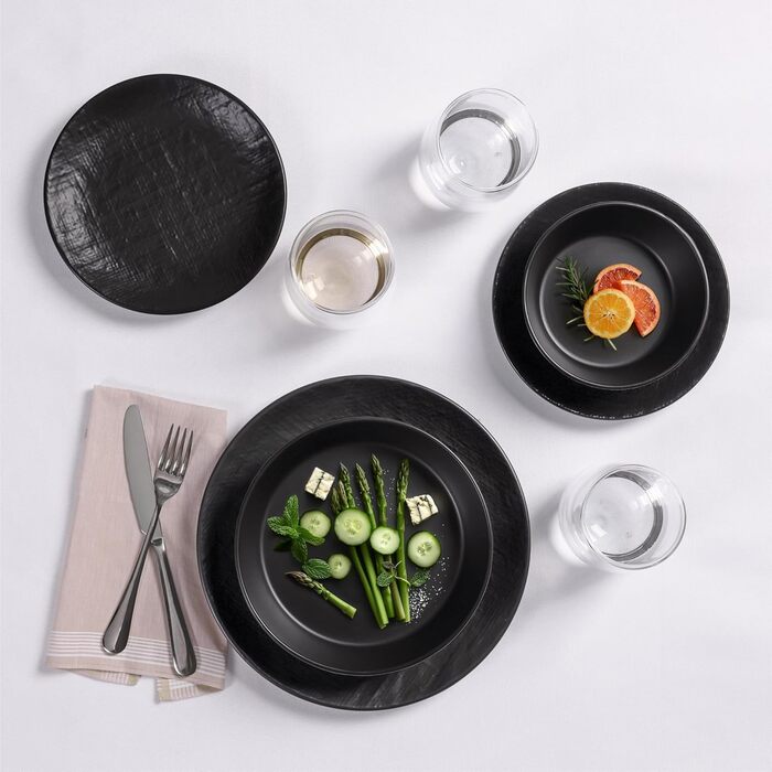 Набір посуду Navaris з каменю (16 предметів) для 4 осіб - тарілки, супові тарілки, чашки, антрацитовий колір