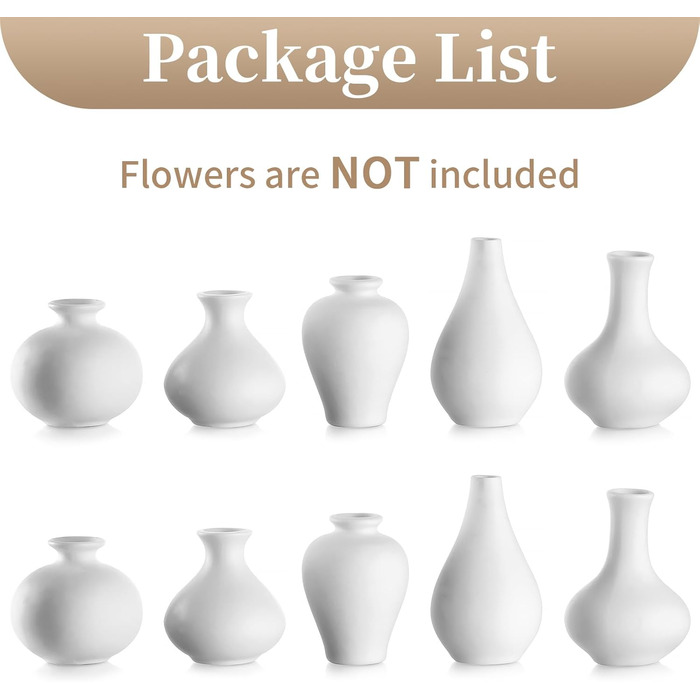 Set of 10 Small White Ceramic Vases - Mini Handmade Ceramic Flower Vases for Pampas Grass, Modern Home Decor for Living Room, Kitchen, Office & Table