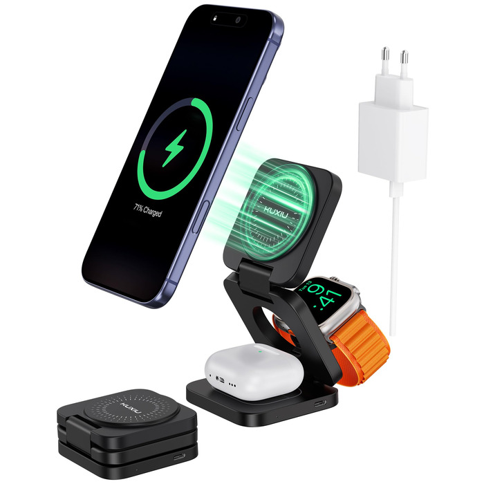 Зарядний пристрій KU XIU X55 Turbo Qi2.2 25W 3-в-1 для Apple Watch, iPhone 17-12 та AirPods, магнітний складаний стенд, адаптер 45W (Чорний)