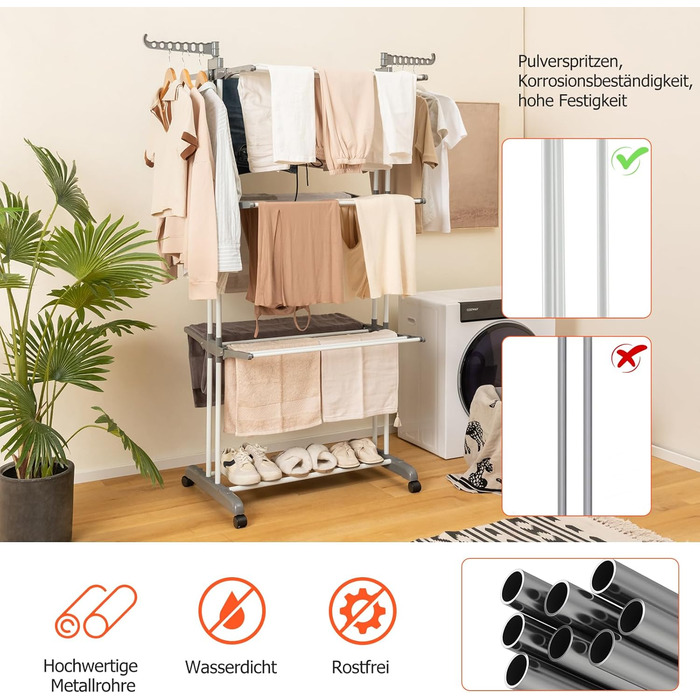Стійка для білизни GOPLUS 4-ярусна розкладна з 2 тримачами для вішалок, 3 висувними полицями, полицею для взуття та 4 колесами для дому та вулиці (Сірий)