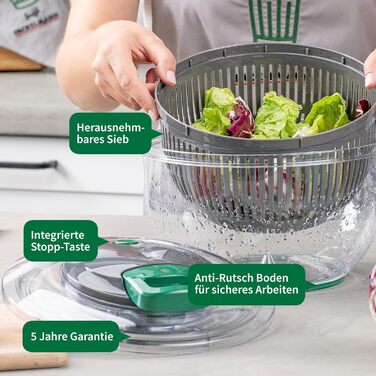 Салатниця-центрифуга Fackelmann Chefkoch з мотузковим приводом та стоп-кнопкою – для миття, сушіння та подачі салату. Зручний мотузковий привід та знімне сито