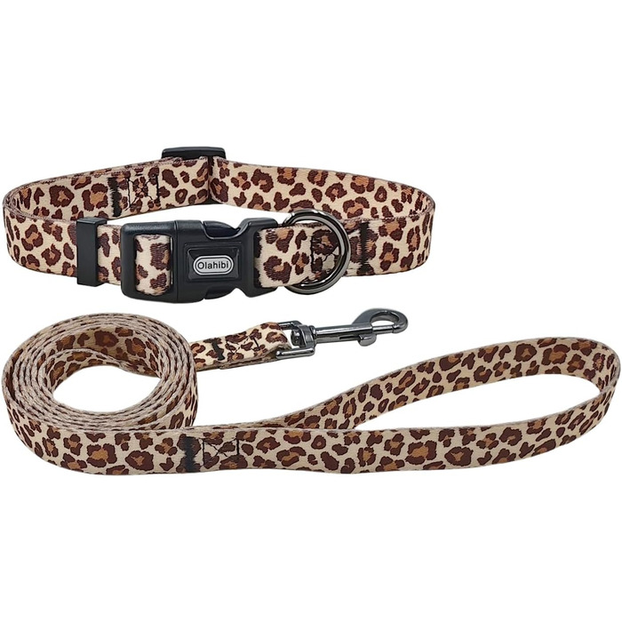 Нашийник для собак Olahibi з повідком, леопардовий принт, поліестер, регульований, 1,5 м, для цуценят (XS, світло-кавовий)