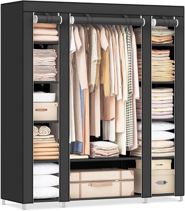 SONGMICS Wardrobe, Fabric Clothes Closet, with Clothes Rail and Shelves, Fabric Cover, for Bedroom, Dressing Room, 150 x 45 x 175 cm, Black LSF03H