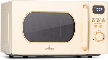 Мікрохвильова піч Klarstein з грилем, 800 Вт, 20 л, нержавіюча сталь, з функціями розморожування та приготування піци, поворотний стіл, компактна, проста у використанні (кремовий)