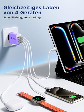 Двопакет USB-C зарядний пристрій Aioneus 4 порти з USB-C та USB-A, 40W швидка зарядка PD 3.0, блок живлення для iPhone 16 15 14 Pro Max 13 12 11 SE 2020 XS, Samsung, телефонів, фіолетовий