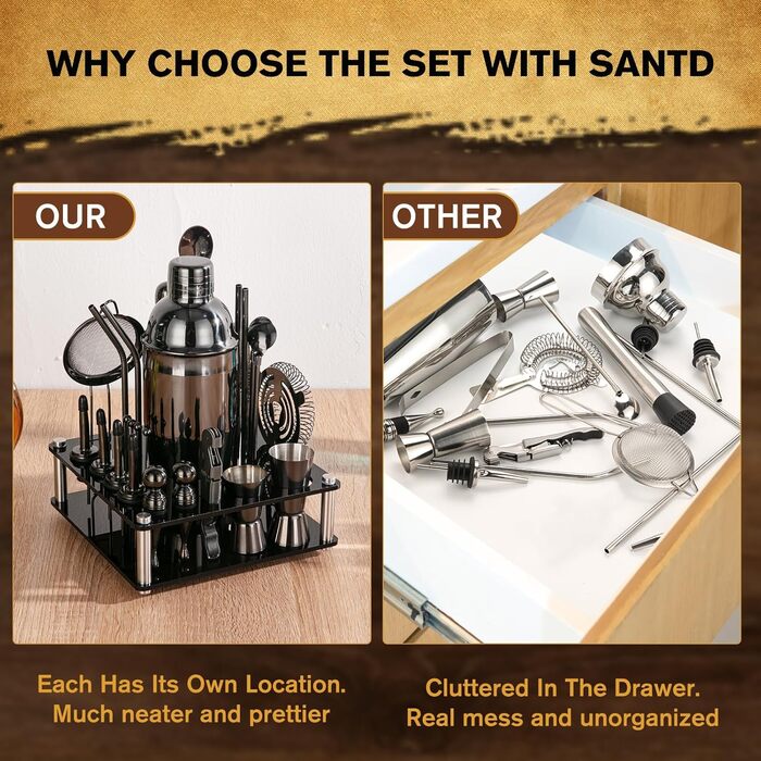 Набір шейкерів для коктейлів KINGROW 29 предметів: професійний барменський набір з обертовим підставкою | Набір для приготування коктейлів з аксесуарами для дому, бару, вечірки | Золотий