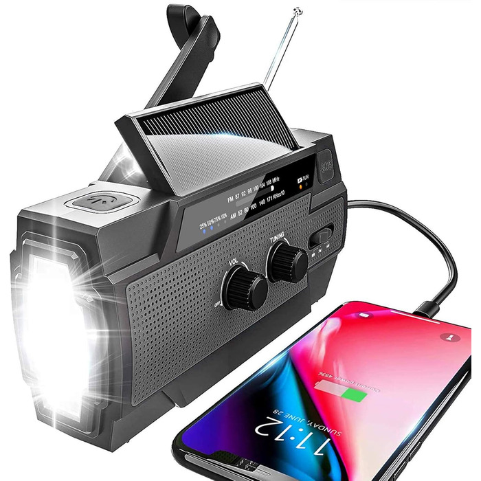 Сонячне радіо YIKANWEN AM/FM з ручкою, USB, акумулятор 4000mAh, для кемпінгу та подорожей (червоний, чорний)