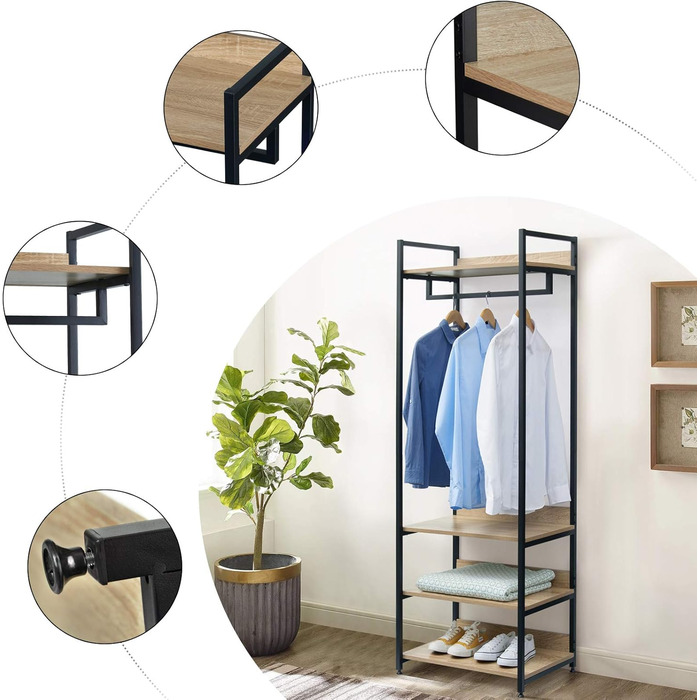 WOLTU Clothes Rack with Shelf, Open Wardrobe with Shoe Shelf, Coat Rack for Bedroom, Wood and Steel (Light Oak + Black)