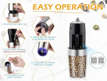 Електричні соляні та перечні млини 2 шт. з LED-підсвіткою, USB-зарядка, регулювання помелу, чорний колір