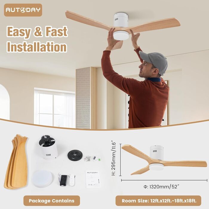 Стеляний вентилятор Holz з підсвічуванням, регулюванням яскравості LED 24W, тихий DC-двигун 38W, діаметр 132 см, з пультом дистанційного керування та таймером, 6 швидкостей, дерев'яний дизайн