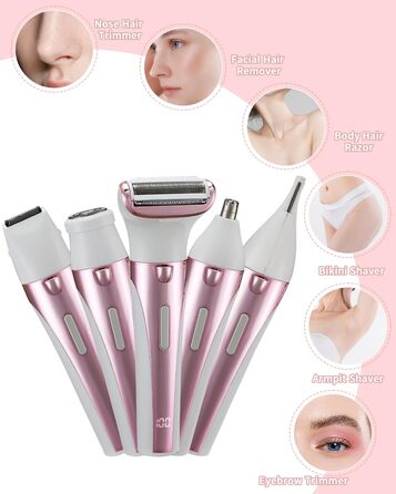 Електричний жіночий тример 5-в-1 для тіла, бікіні, брів та носа, з USB-станцією, білий (Рожевий)