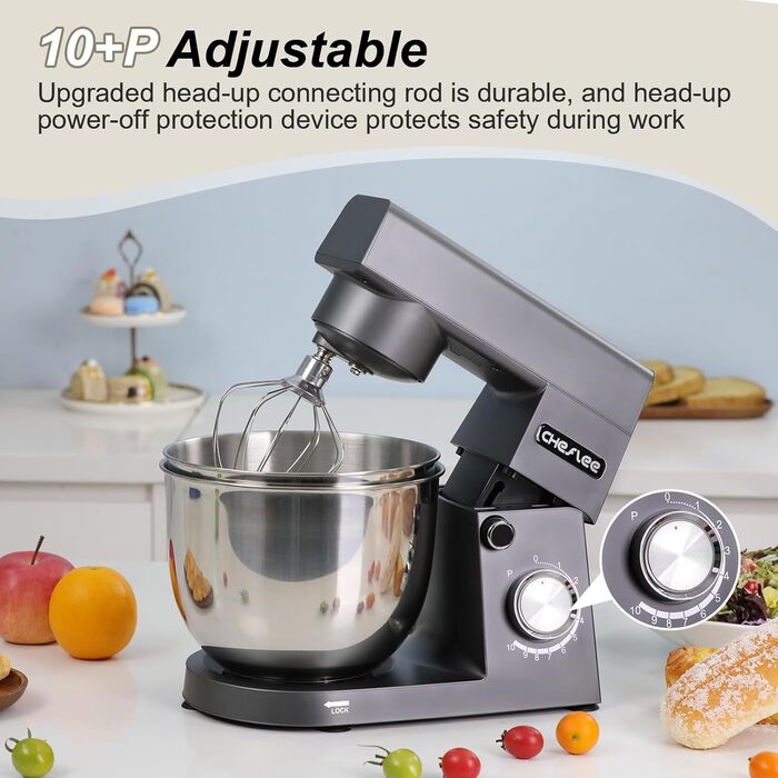 Кухонна машина Cheflee 1500W з місткими чашами 4.5 та 5.5л з нержавіючої сталі, 10+ швидкостей, набір насадок (міксер, гак для тіста, вінчик, захист від бризок) (Darkgrey)