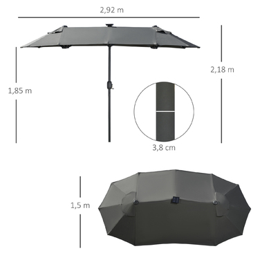 Сонцезахисний парасолька Outsunny Doppelsonnenschirm, 295 x 219 см, парасолька з LED-підсвічуванням, овальна, вітростійкий садовий парасоль, стабільний, парасолька для ринку з регульованим кутом нахилу для тераси, басейну, поліестер, сталь, темно-сірий | 