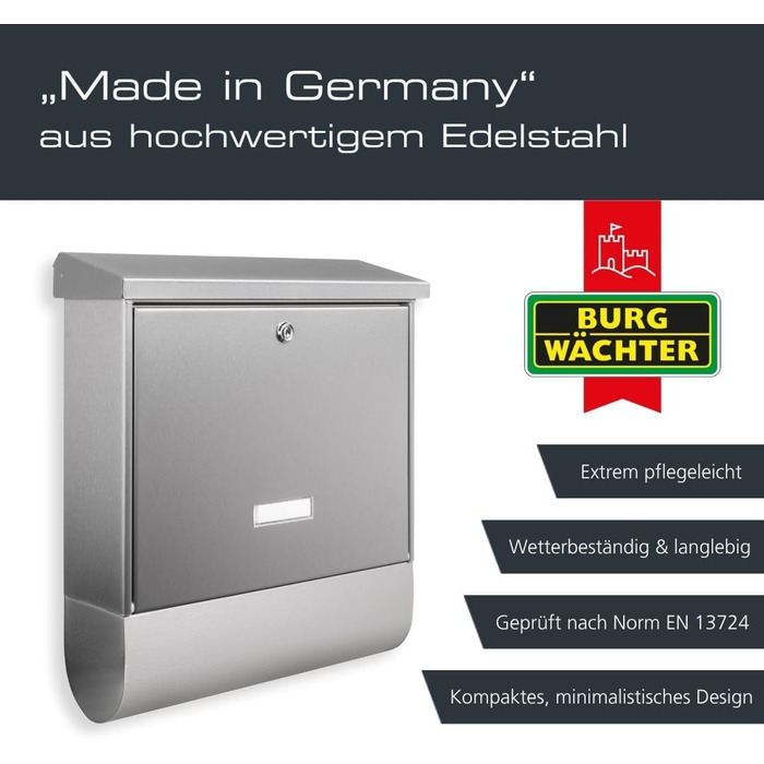 Поштова скринька Burg-Wächter з газетницею та табличкою для імені, нержавіюча сталь, формат DIN C4, 2 ключі, AMZ 2500 NI