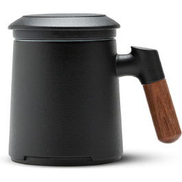 ZENS Teacup with Lid and Infuser, 360 ml Wooden Handle Tea Cup with Tea Strainer and Lid for Loose Leaf Tea, Matte Ceramic Tea Cups Gifts for Tea Lovers, Hand-Sprayed Black Glaze