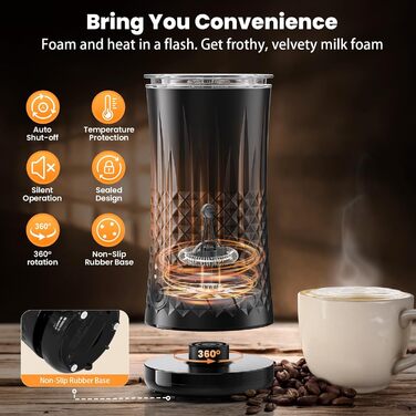 Електричний спінювач молока HAPPHOOH 4-в-1, 240 мл, чорний, з автоматичним відключенням та антипригарним покриттям