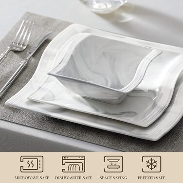 MALACASA Flora Marble Porcelain Dinnerware Set - 30 Piece Service with Coffee Cups, Saucers, Dessert Plates, Soup Plates & Dinner Plates (Gray)