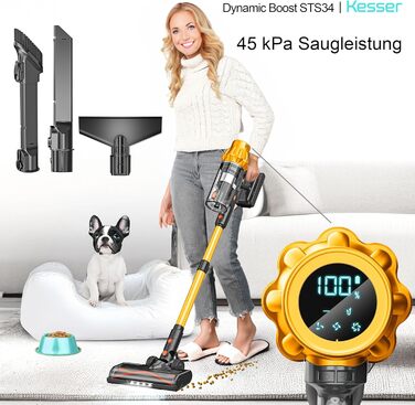 Бездротовий акумуляторний пилосос KESSER® з LED дисплеєм, до 70 хв роботи | Бездротовий пилосос без мішка з антизаплутувальною насадкою для твердих поверхонь, килимів та шерсті тварин (Помаранчевий / Жовтий)