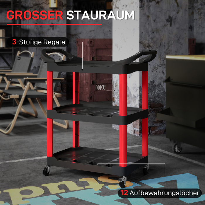 HOMCOM 3-Tier Workshop Utility Cart, Tool Cart with Handle, Hook Holes for Tools, Assembly Cart for Garage, Warehouse, Maximum Load Capacity 91 kg, Red+Black | Aosom