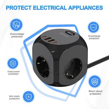 Розподільник розеток з USB-C, 4 розетки, плоский штекер, індивідуальне вмикання, куб з кабелем 2м для офісу, дому, подорожей - білий