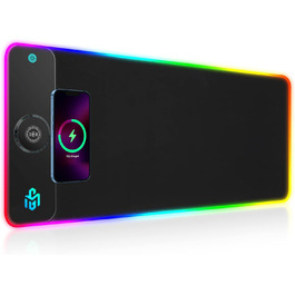 Ігровий килимок для миші RGB з бездротовою зарядкою Qi 15W, 800x350x4мм, 10 режимів підсвічування, швидка зарядка 10W для iPhone 13/13 Pro, водонепроникний та протиковзкий (Dark)