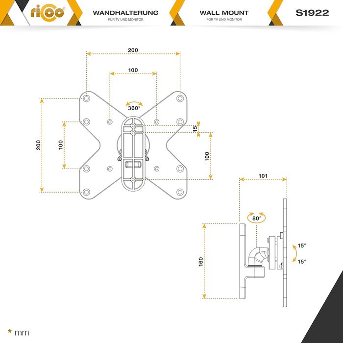 Кріплення для монітора RICOO S1711: регульований підвіс для моніторів 13-34 дюймів (VESA 75/100 mm), срібний