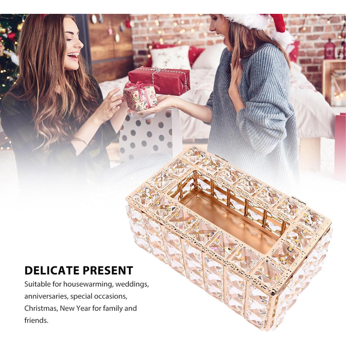 LEMCC Crystal Tissue Box Holder, Rectangular, Classic, Gold, Crystal, Iron