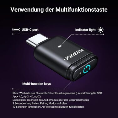 Bluetooth адаптер UGREEN USB-C aptX 5.3, аудіо-донгл для PS5, Nintendo Switch та ПК