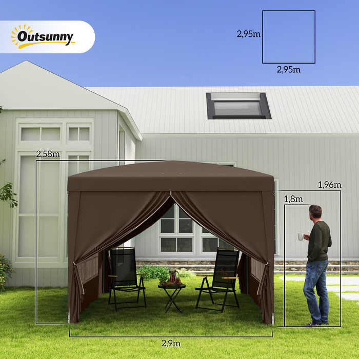Outsunny Gazebo, approx. 3x3m, Water-resistant, Stable, Winterproof, Pop-up Folding Gazebo, UV Protection 50+, Foldable Party Tent, Garden Tent with 4 Side Panels Bag, Garden Gazebo for Camping, Garden, Coffee | Aosom