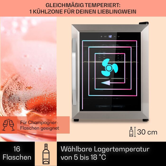 Klarstein Wine & Beverage Refrigerator - 1 Zone, UV Protection, 5-18°C, 16 Bottle Capacity, Freestanding, Silver & Black