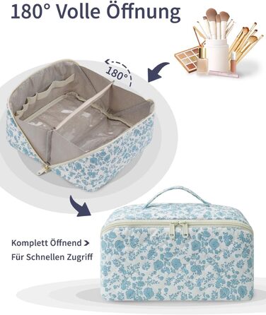 Косметичка для подорожей Wandering Nature для жінок з відділенням для пензликів, водонепроникна, велика, з перегородкою та ручкою (блакитна квітка)