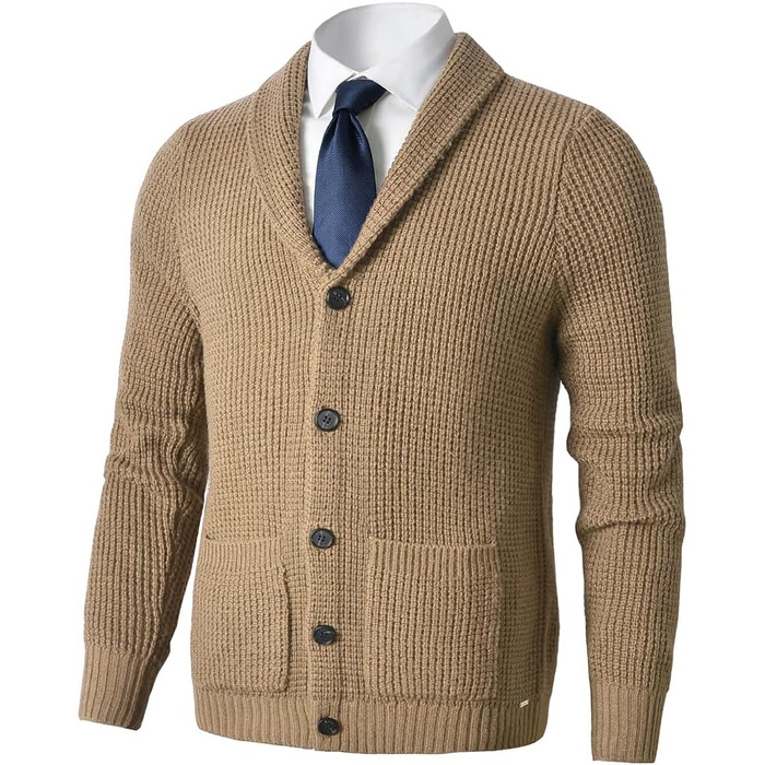 Чоловічий в'язаний кардиган з коміром-шарфом, візерунок 