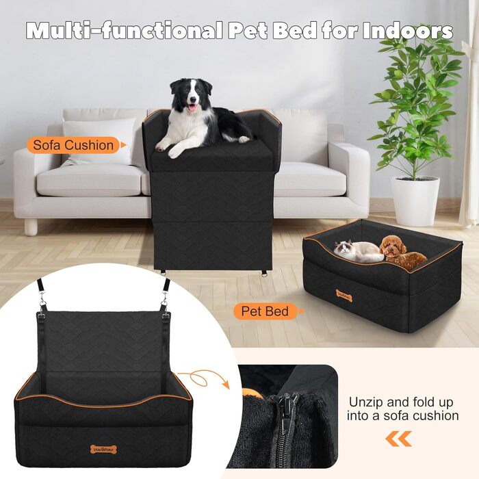 Автокрісло для собак середніх та маленьких порід (до 23 кг), з м'якою подушкою та страхувальним ременем, чорного кольору, розмір M