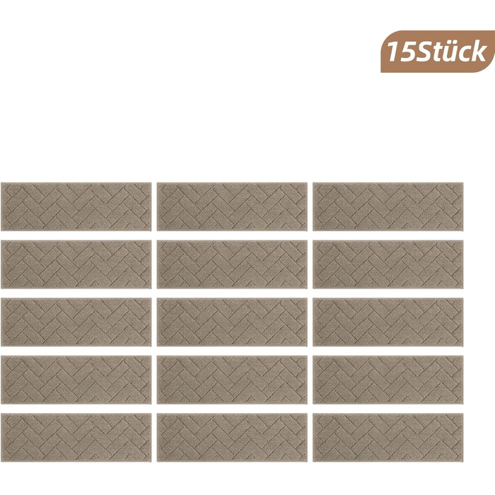 Килимки на сходи BEQHAUSE, 15 шт., бежеві, 22x70 см, антиковзкі, для дітей та домашніх тварин, машинне прання, TPE-основа, для дерев'яних сходів