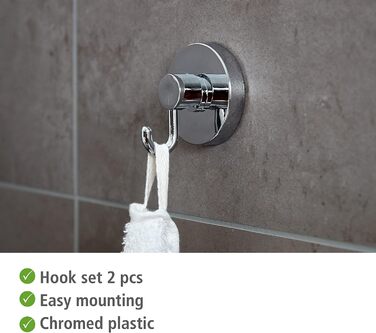 WENKO Vacuum-Loc® Bathroom Wall Shelf Quadro Maxi, no drilling required, with 2 tiers, 38.5 x 8.5 x 14.5 cm & Vacuum-Loc® Wall Hooks, set of 2, towel hooks, each 6 x 6.7 x 5 cm