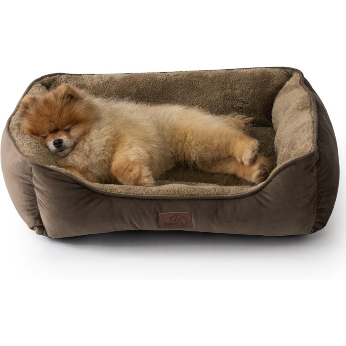 Ліжко для кота BEDSURE велике, 63.5x53 см, миється, неслизьке, для собак та котів, квадратне, з м'яким бордюром, коричневе