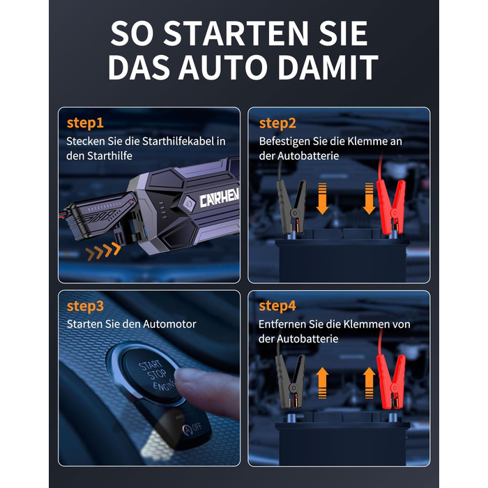 Powerbank для авто Starthilfe: 4500A, 8.0L (бензин/дизель), 12V, LED, Jump Starter з кабелями та 2 USB