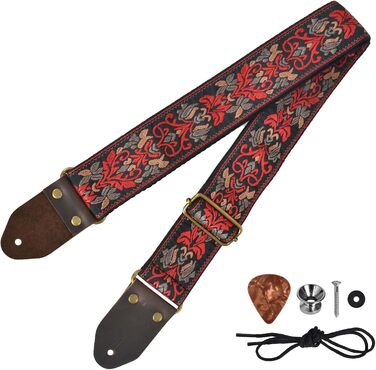 Гітарний ремінь з бавовни для акустичної гітари, 2 шт. Вишитий гітарний ремінь для бас-, електро- та акустичних гітар, безкоштовна пряжка, замок для ременя та медіатор, ретро-червона квітка